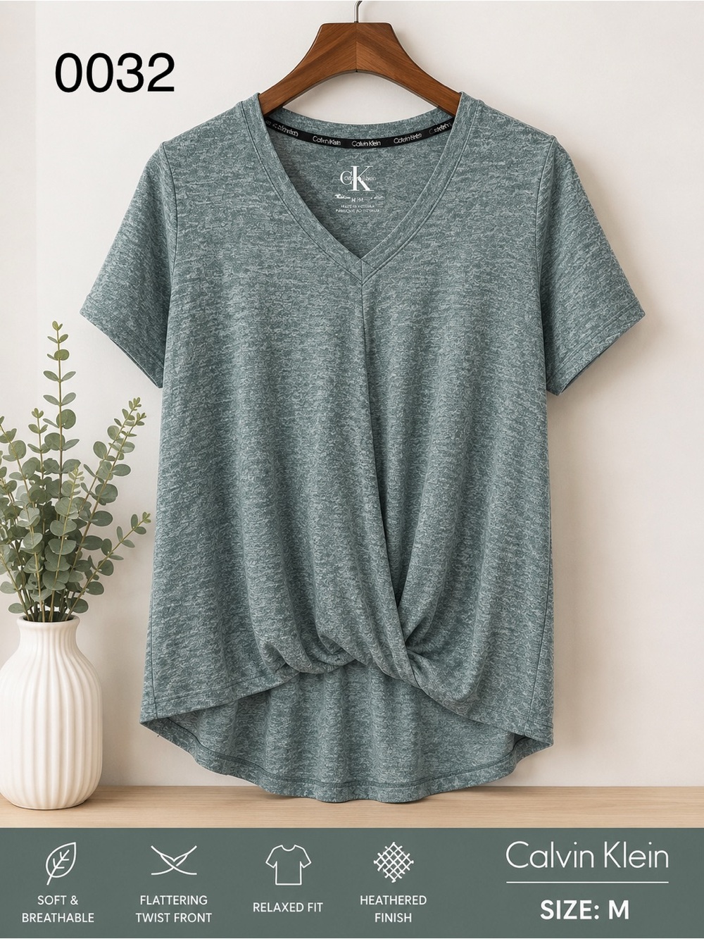 Calvin Klein Heathered Sage Twist-Front V-Neck Tee